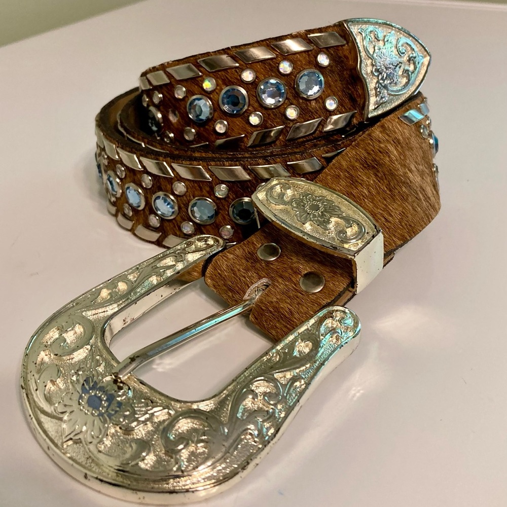 Ornate Vintage, Chambers Cowhide Belt with Rhinestones and silver-tone accents